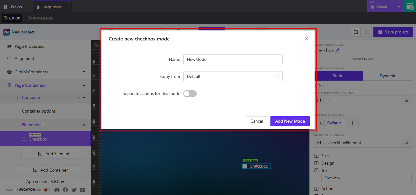 Create new checkbox mode dialog