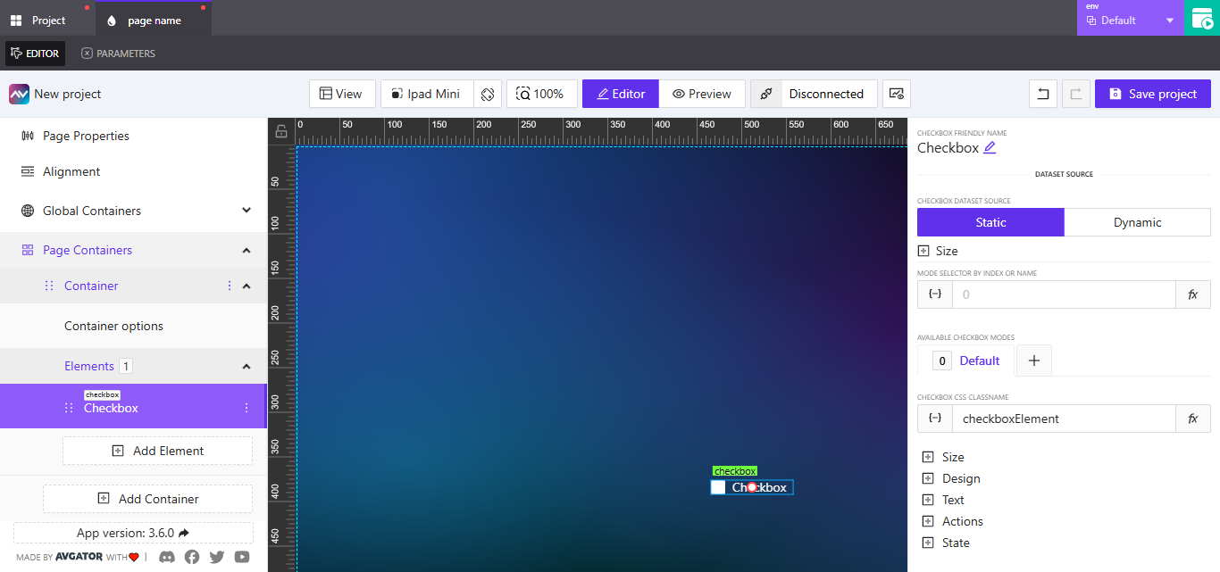 Expanded checkbox settings panel