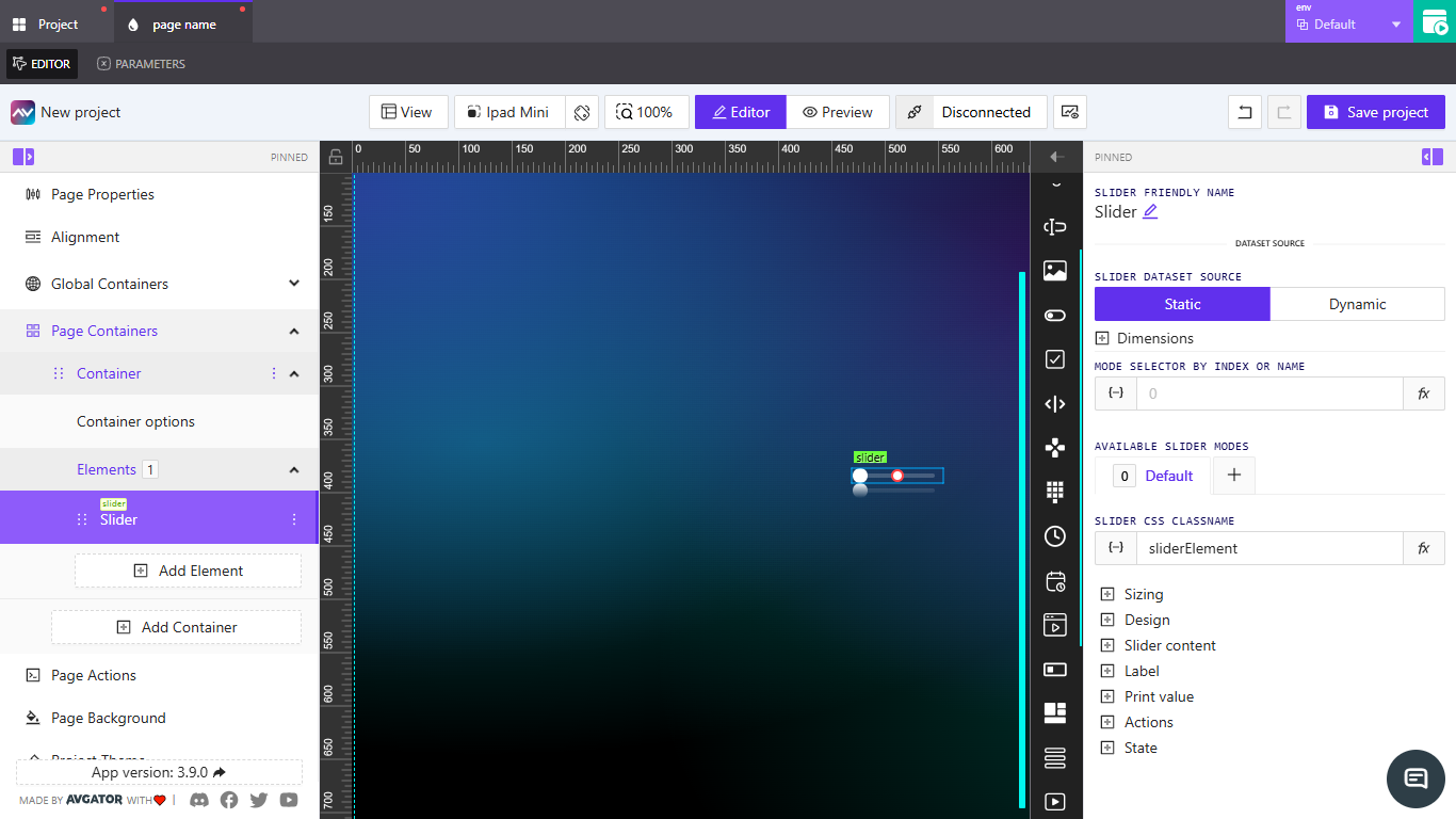 Slider settings panel