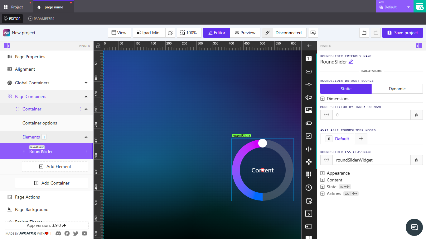 Expanded round slider settings panel