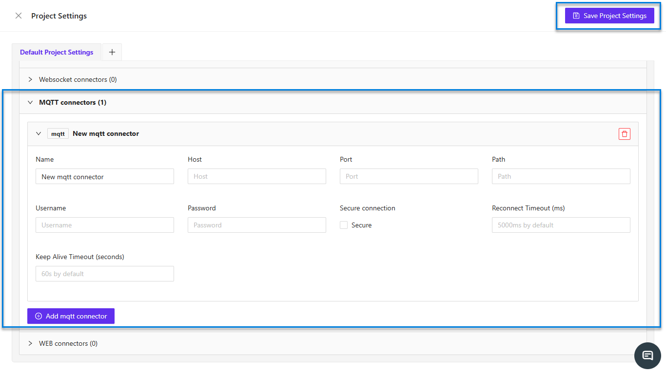 New MQTT connector form with fields and Save button