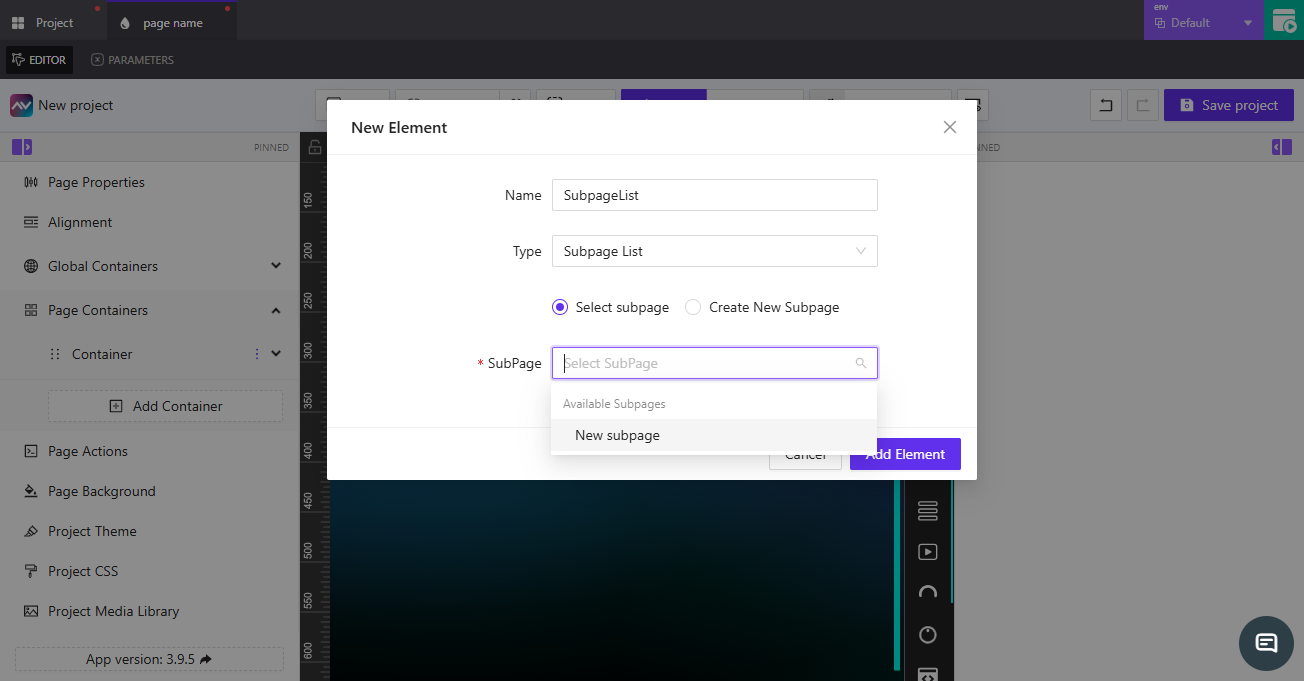 Add Subpage List (Select Existing Subpage)