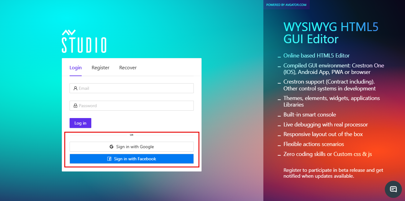 AVstudio Login Screen