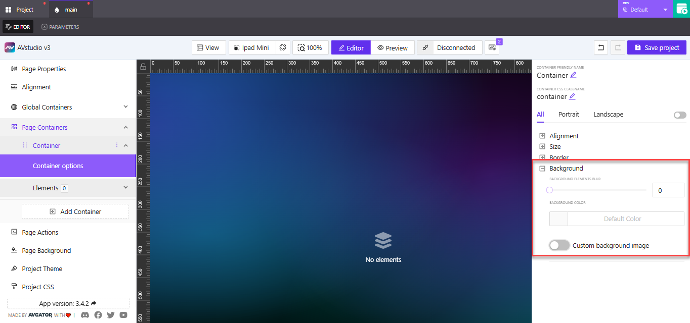 Background settings default and image toggle