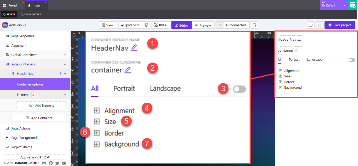 Container options panel overview