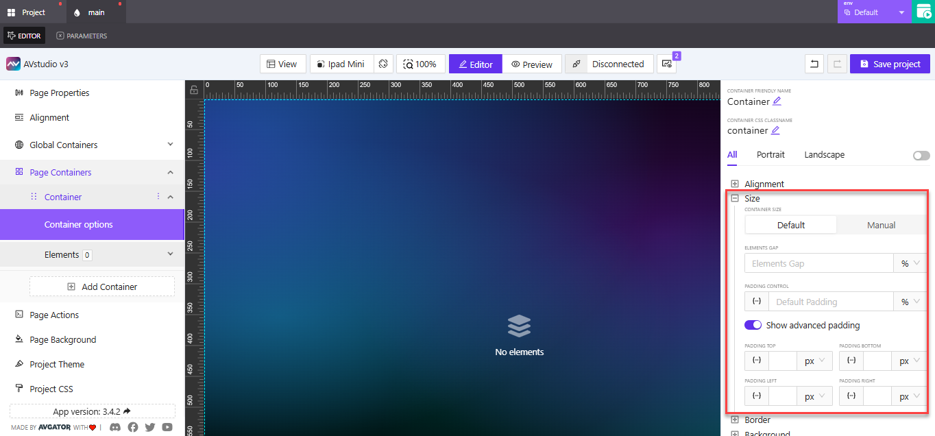 Container Size settings