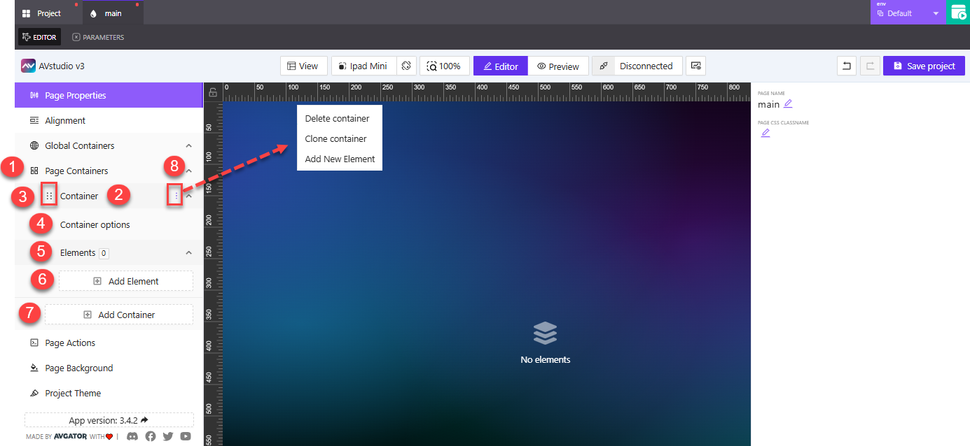 Labeled page container controls in responsive layout