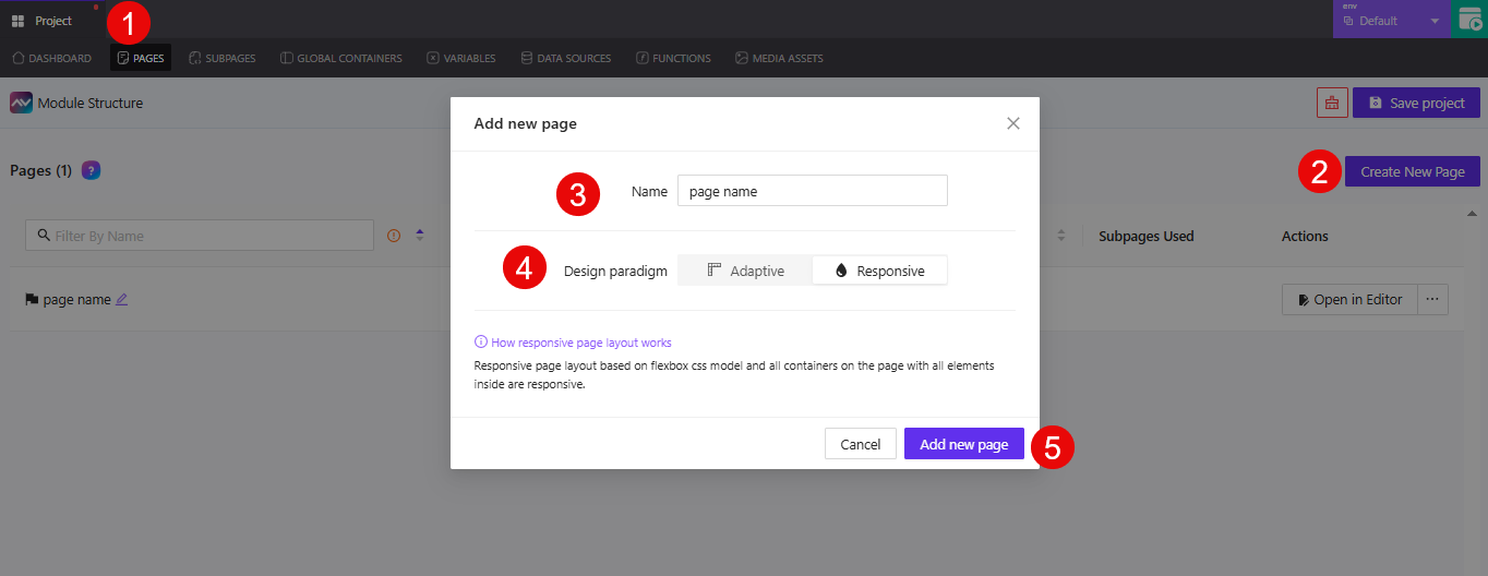 Add new page modal with steps 1–5