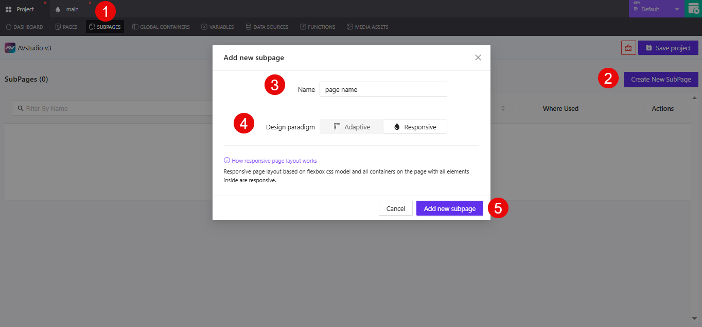 Add Subpage modal with steps 1–5