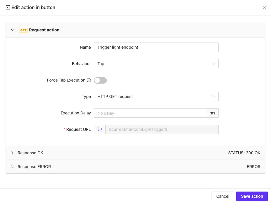 Light button configuration showing modified HTTP action settings