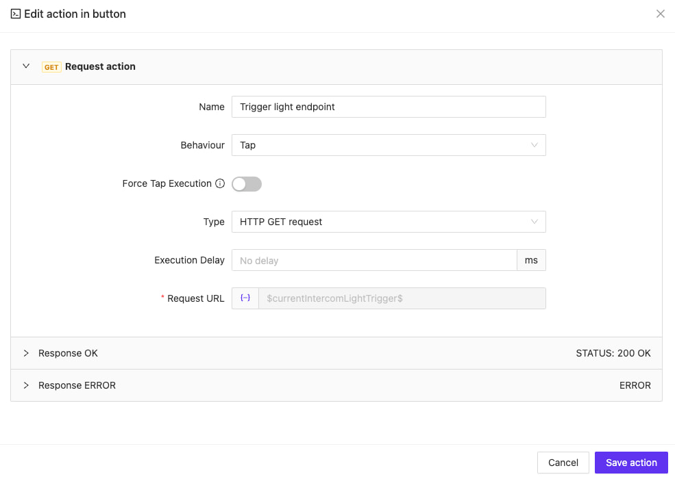 Light button configuration showing modified HTTP action settings