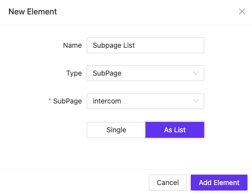 Configuring subpage list