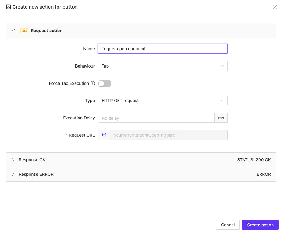 Open button configuration showing HTTP GET action setup
