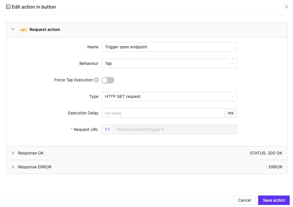 Open button configuration showing HTTP GET action setup