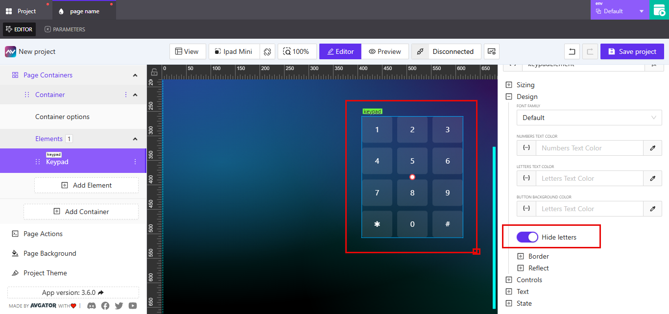 Expanded keypad design settings with Hide letters toggle