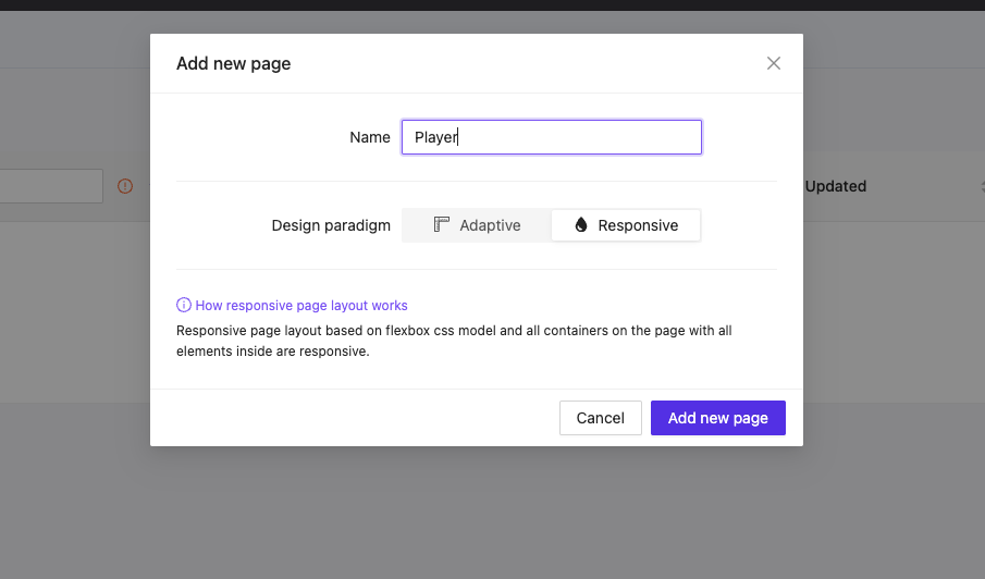 New page creation screen
