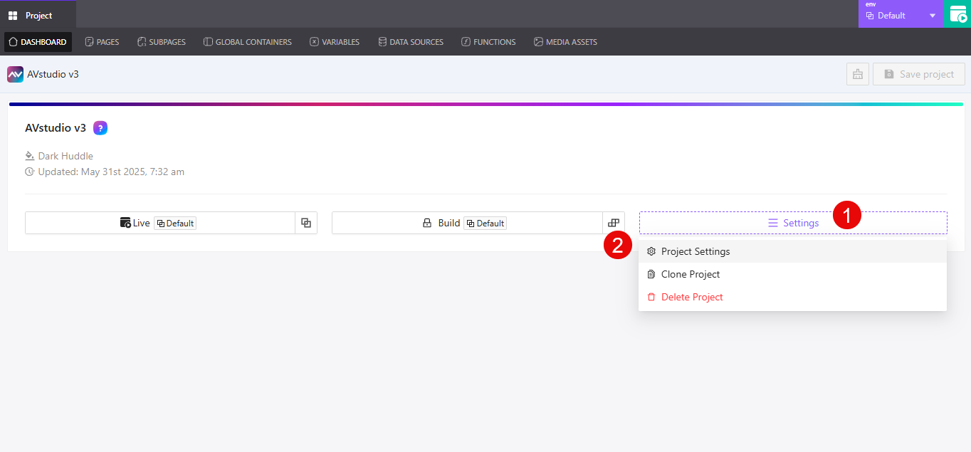 Access project settings menu