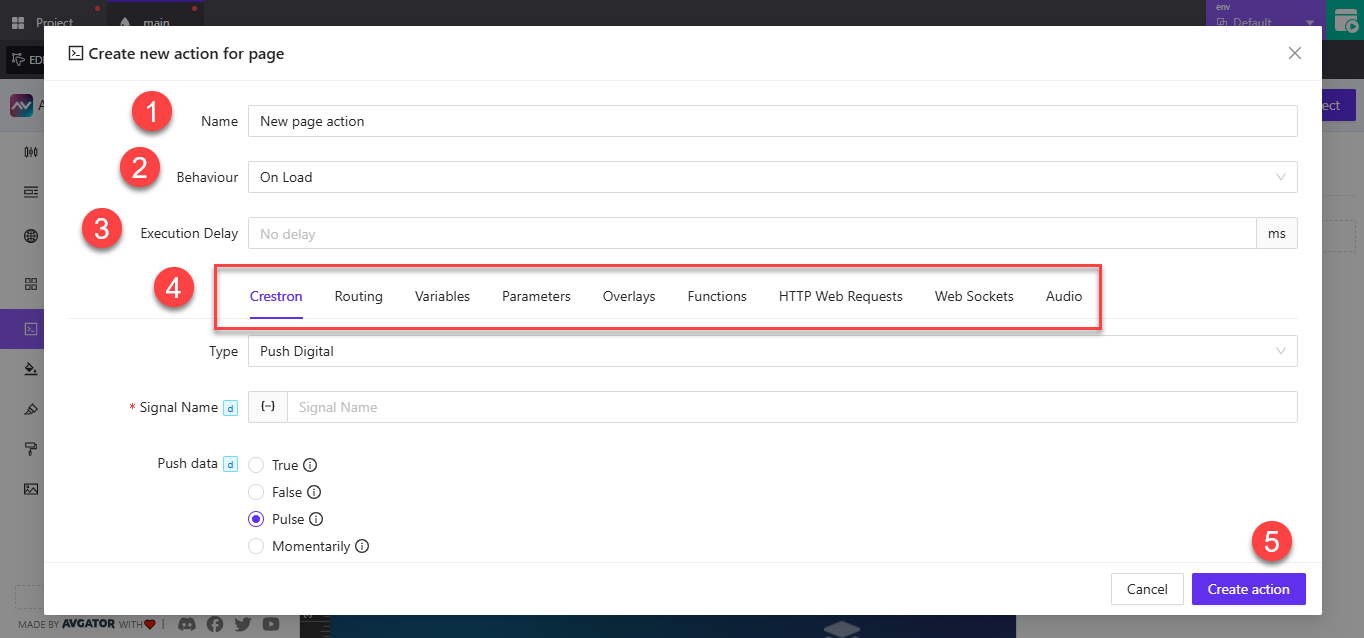 Create new action window