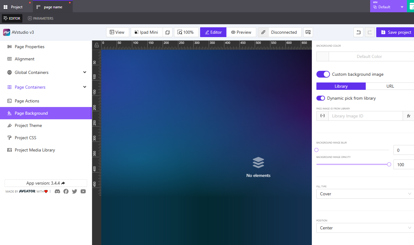 Configuring the page background in AVstudio