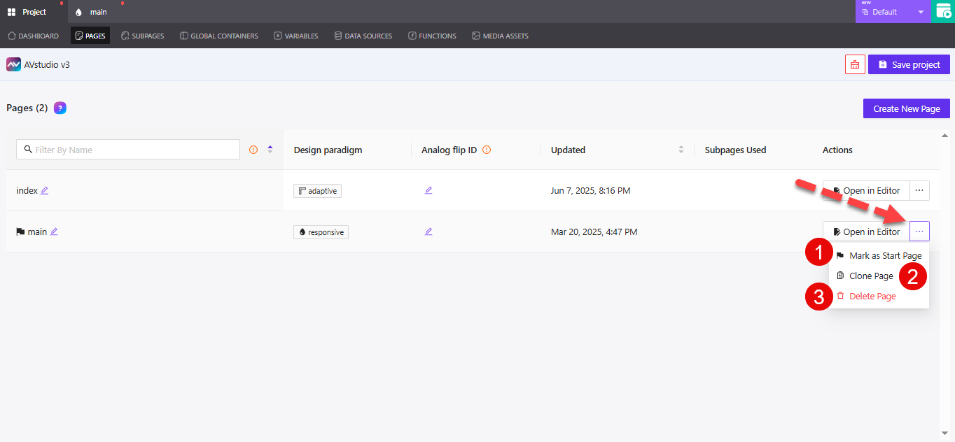 Page options: Mark as Start Page, Clone, Delete