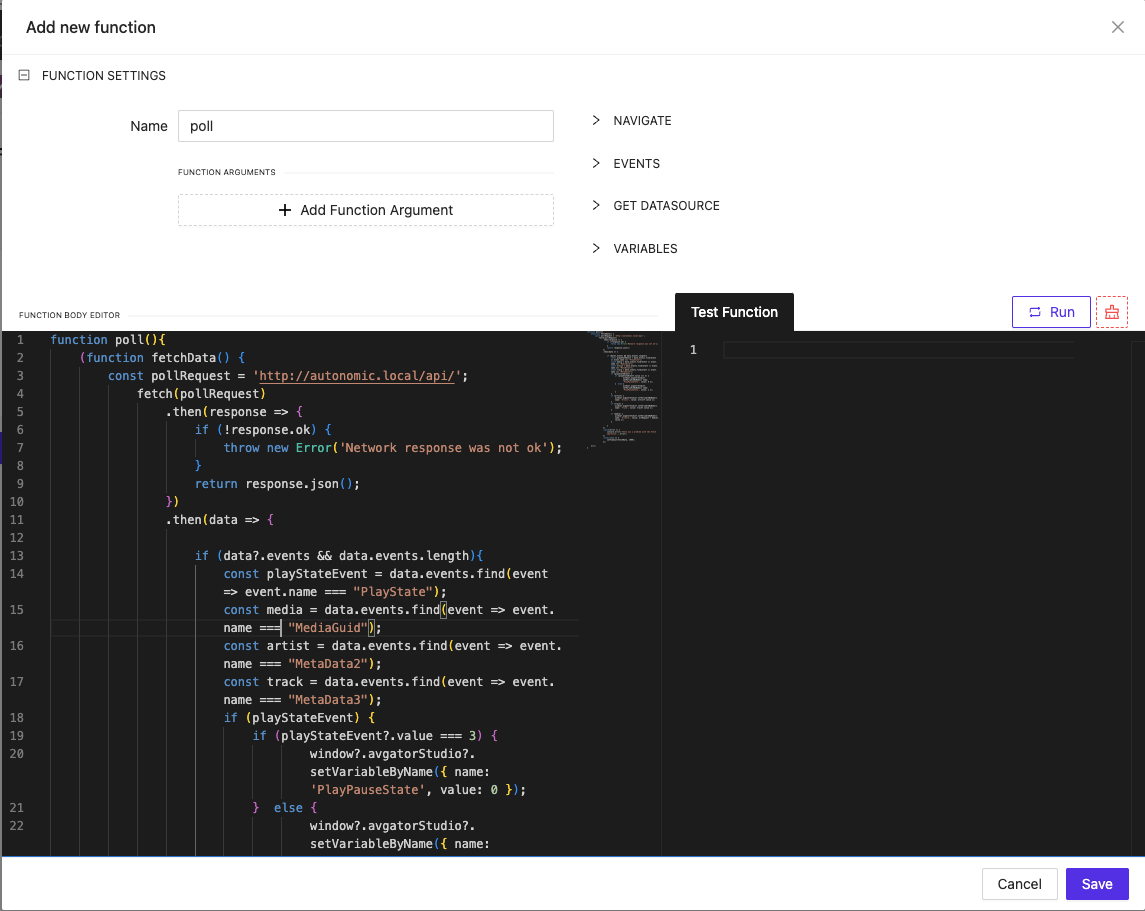 New function creation screen