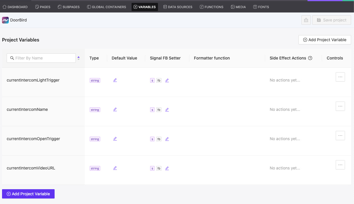 Project variables configuration screen
