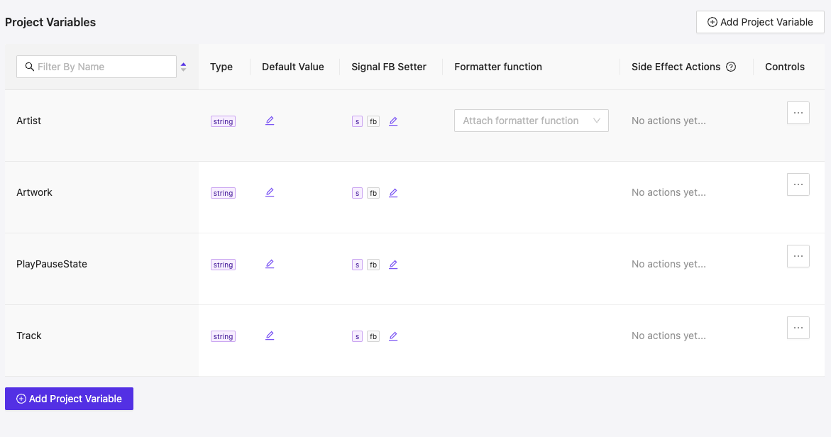 Project variables configuration screen