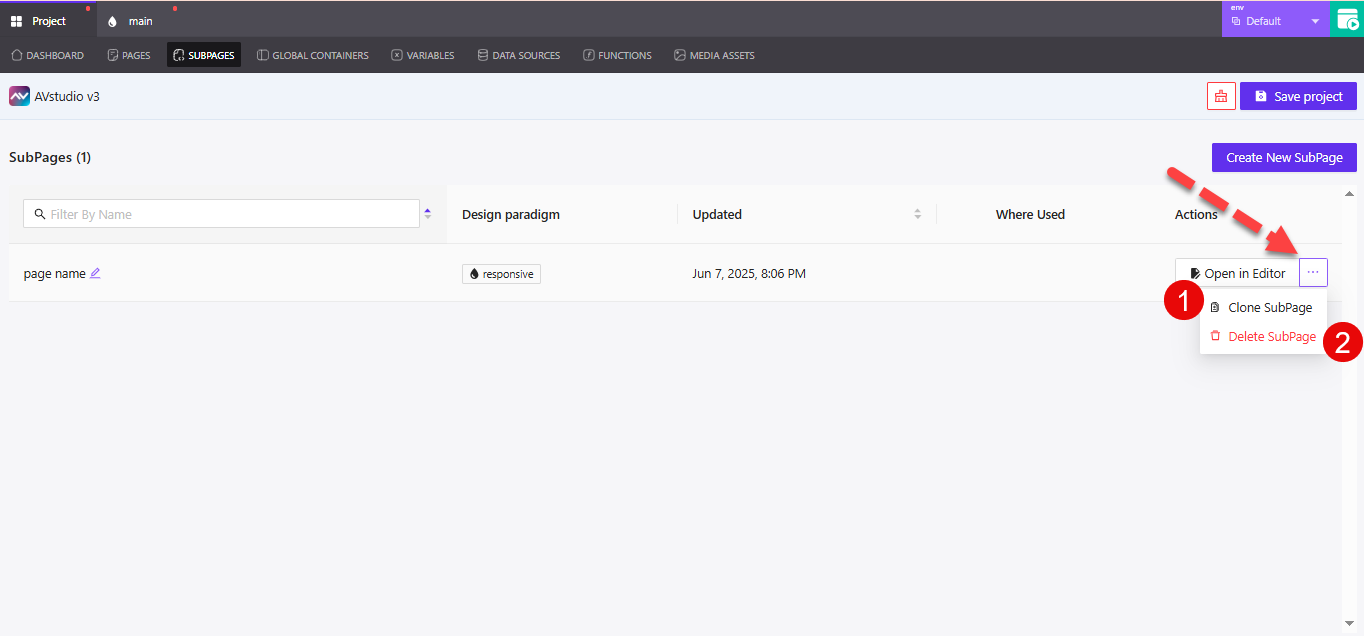 Subpage options: Open, Clone, Delete